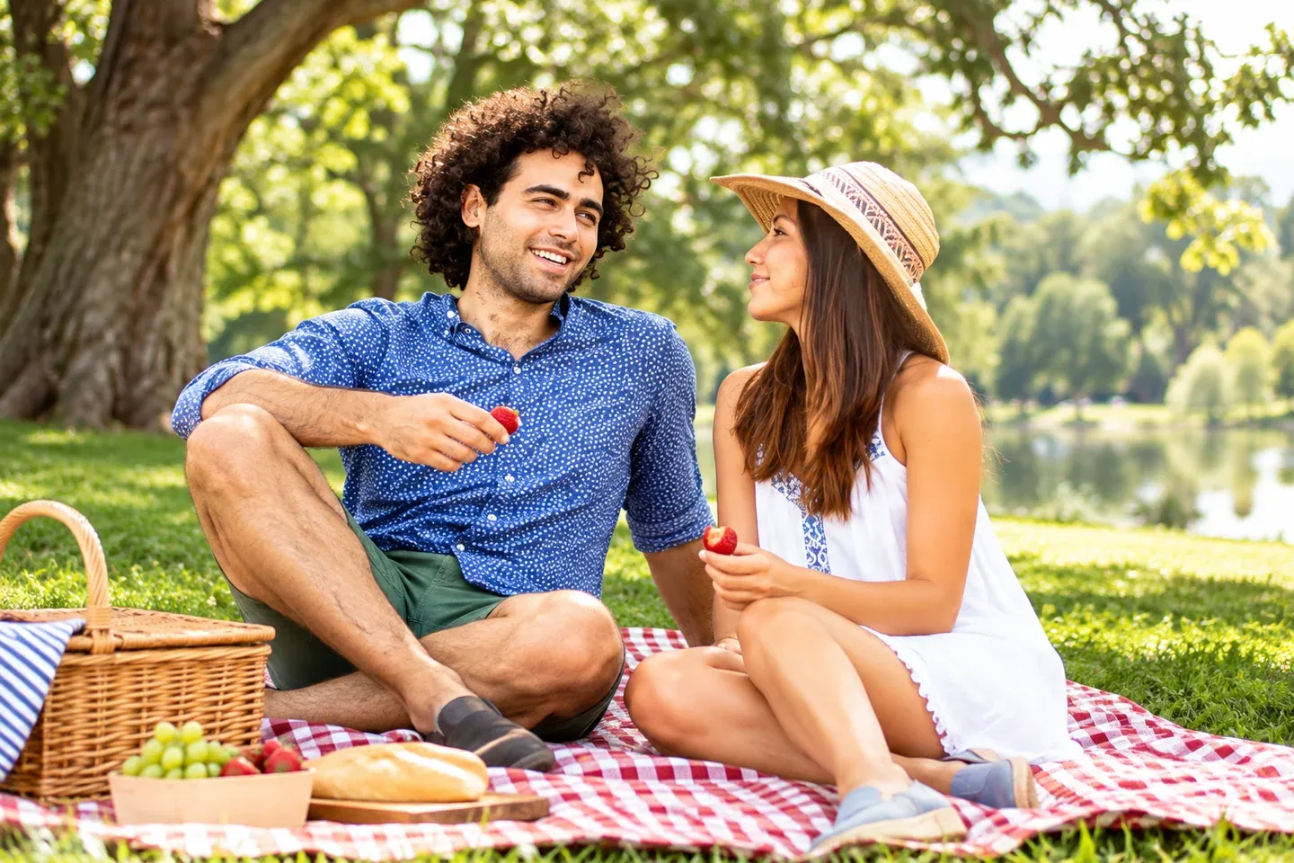 A smiling couple enjoying an inexpensive picnic date in a green park