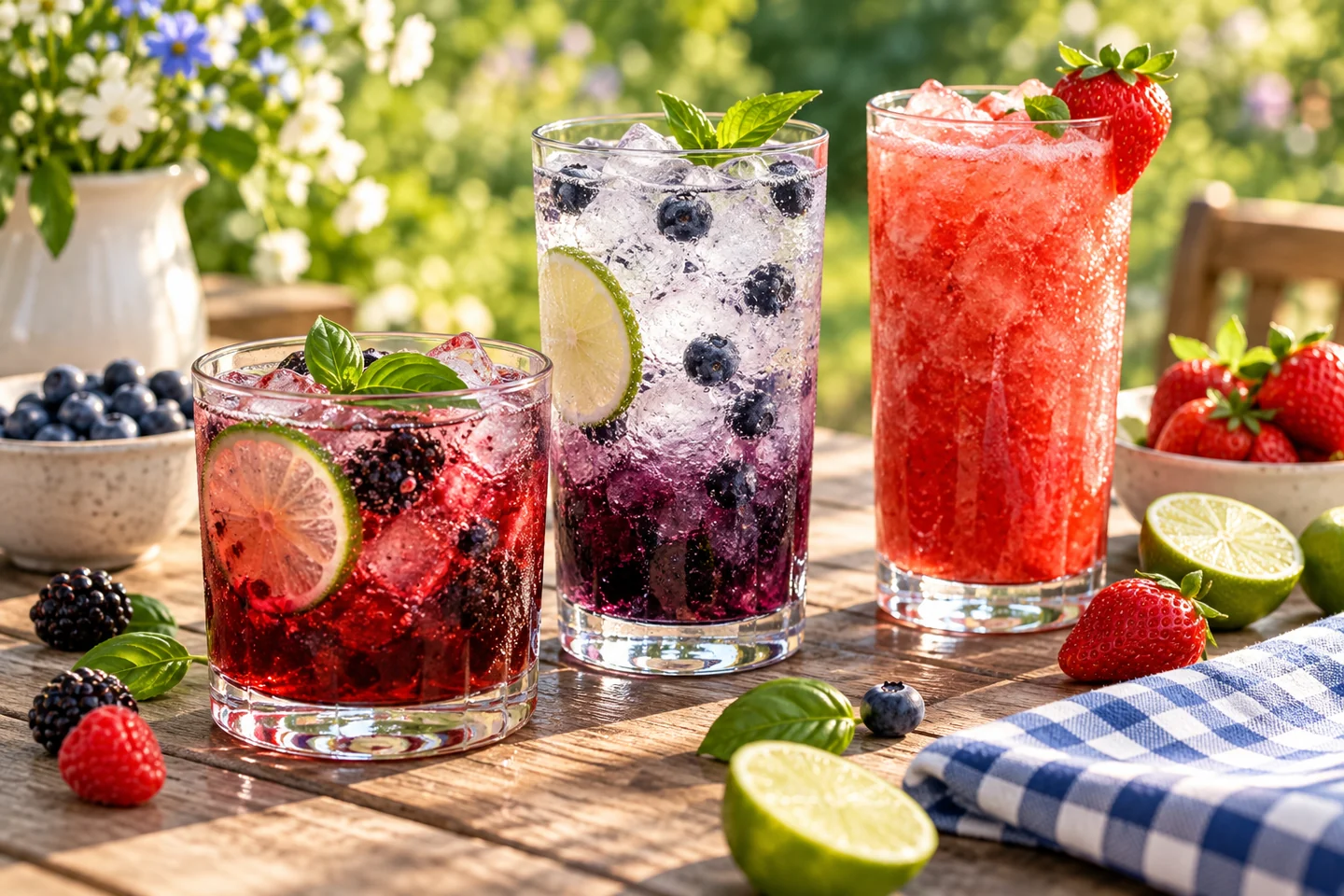 Three chilled berry soda drinks with strawberry, blueberry, lime, and basil garnishes on a sunny outdoor table