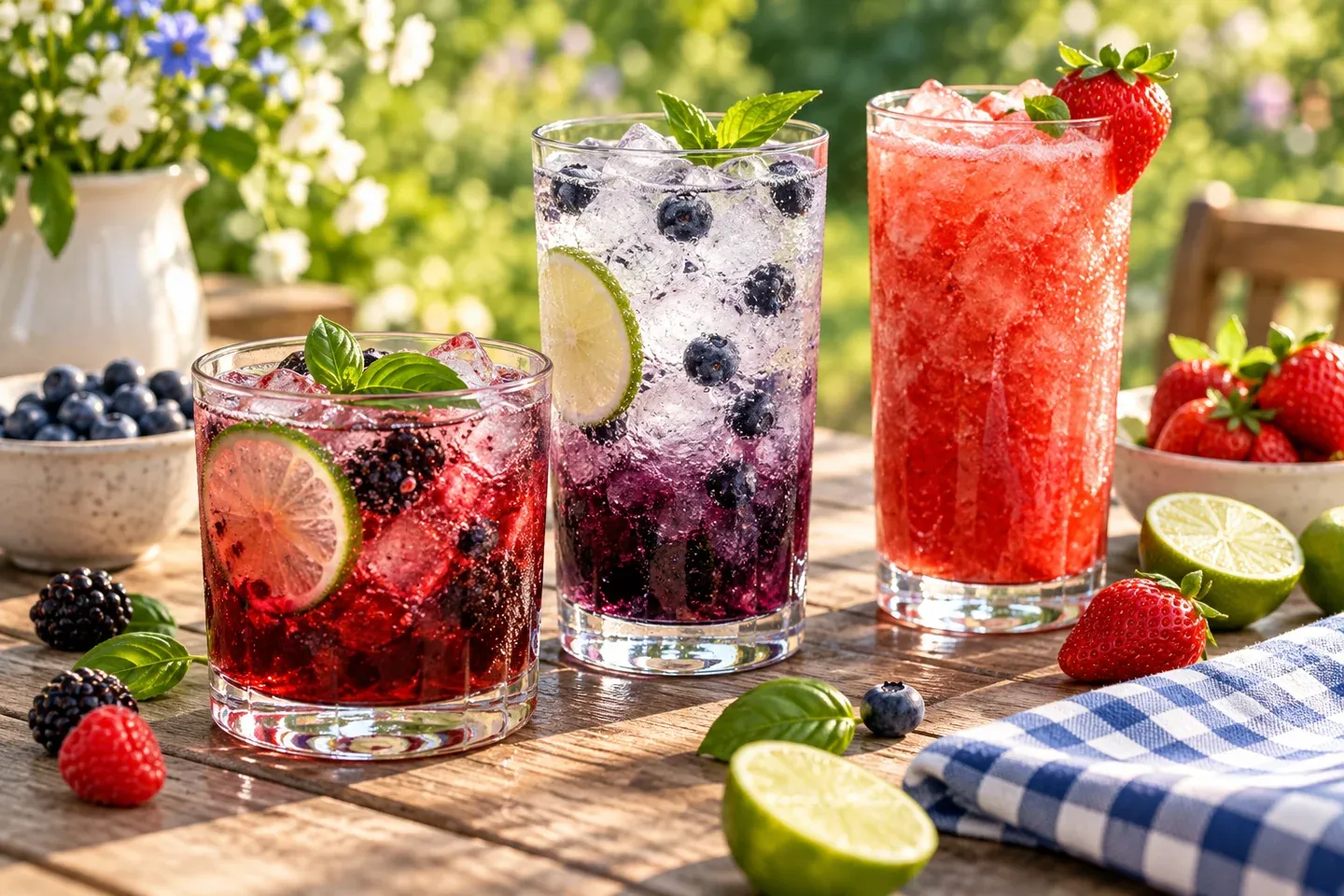 Three chilled berry soda drinks with strawberry, blueberry, lime, and basil garnishes on a sunny outdoor table