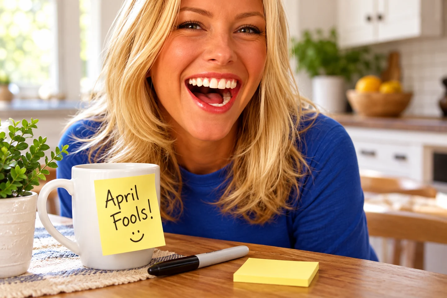 A woman laughing at a harmless April Fools’ Day surprise