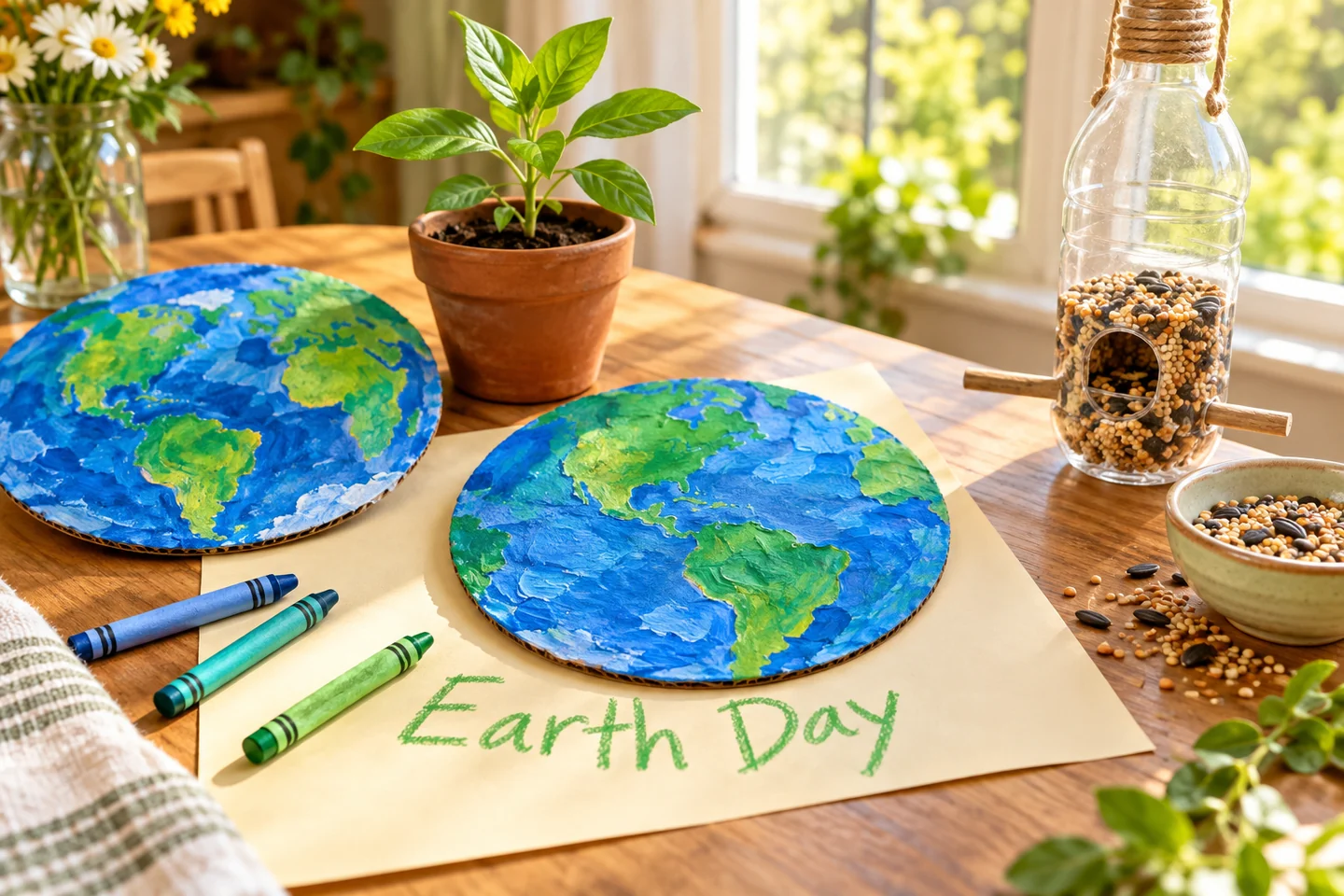 Blue-and-green Earth crafts, crayons, and a small seedling beside a paper sheet labeled Earth Day in crayon