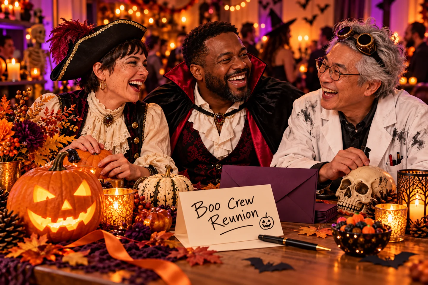 Friends in pirate, vampire, and mad scientist costumes laughing at a Halloween party beside glowing pumpkins and a handwritten Boo Crew Reunion invitation
