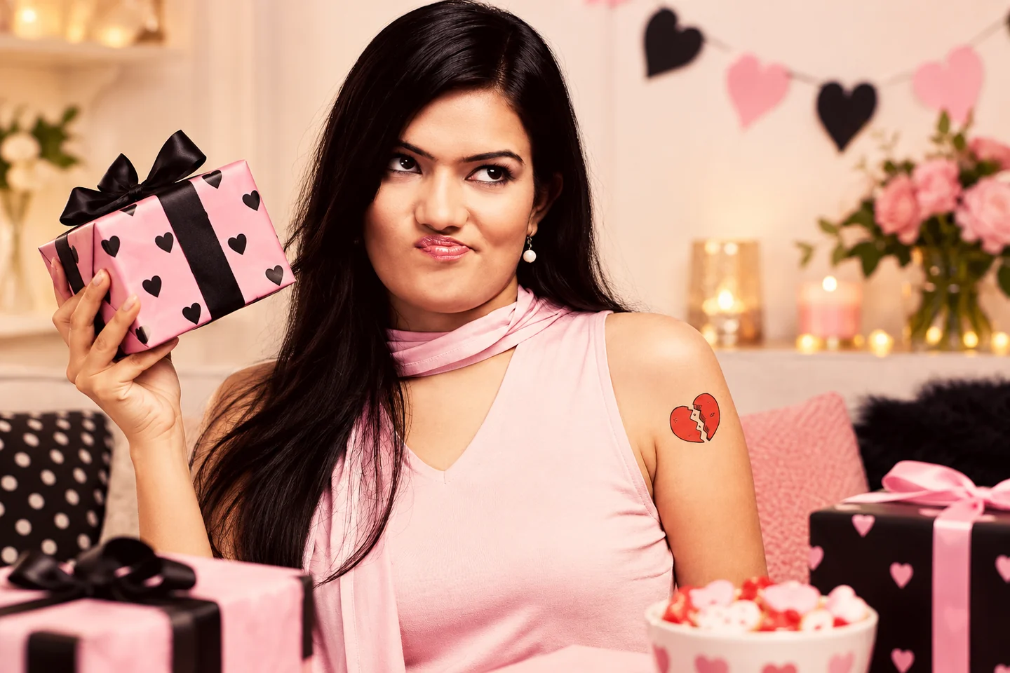 A woman with a playful unimpressed expression at an anti-Valentine gift exchange