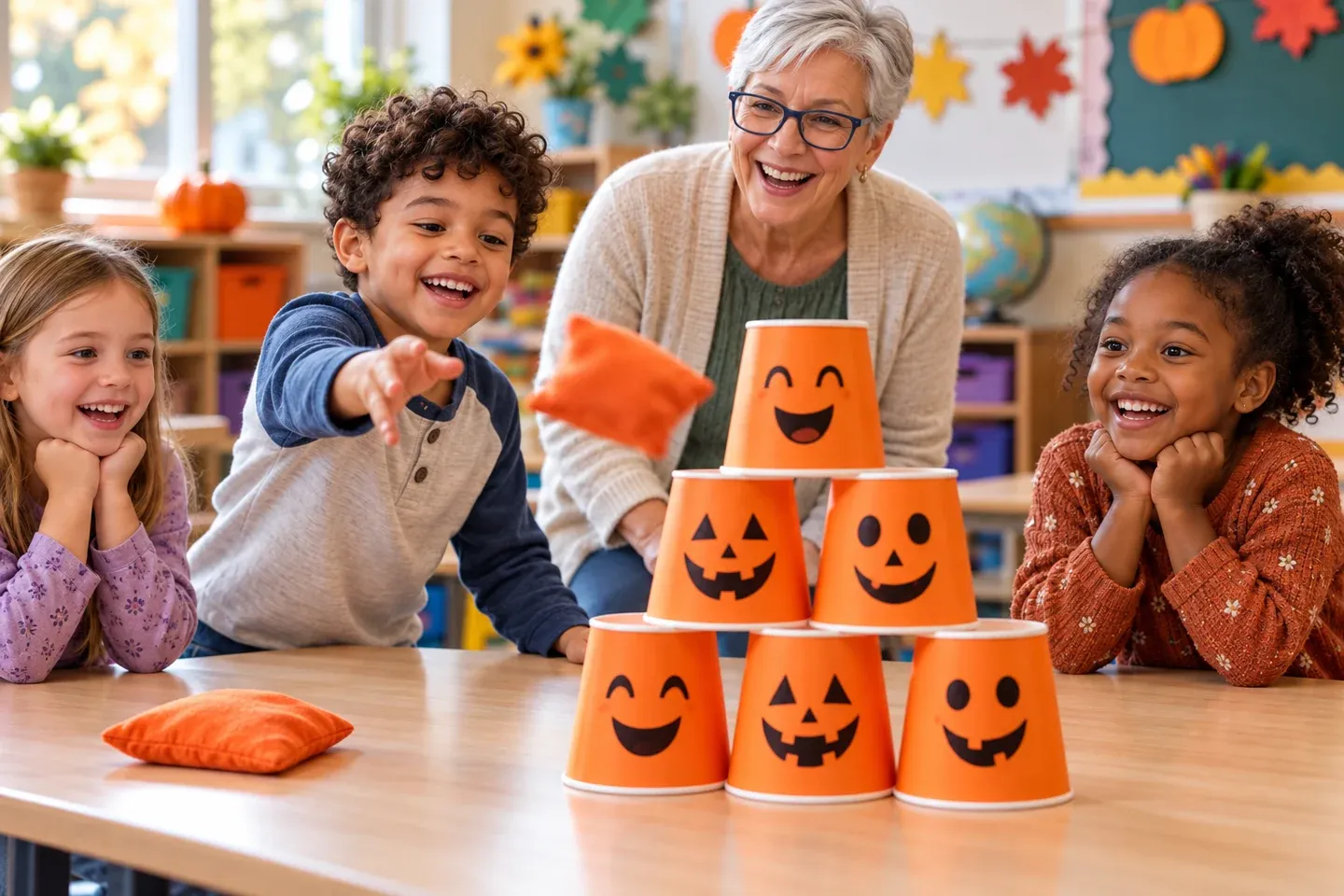 A teacher and children playing a pumpkin-cup knockdown game in a Halloween classroom