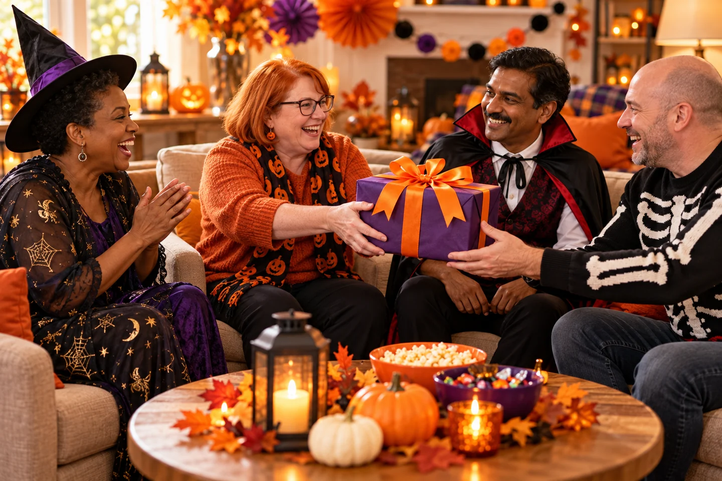Friends passing a purple and orange gift during a Halloween left-right game
