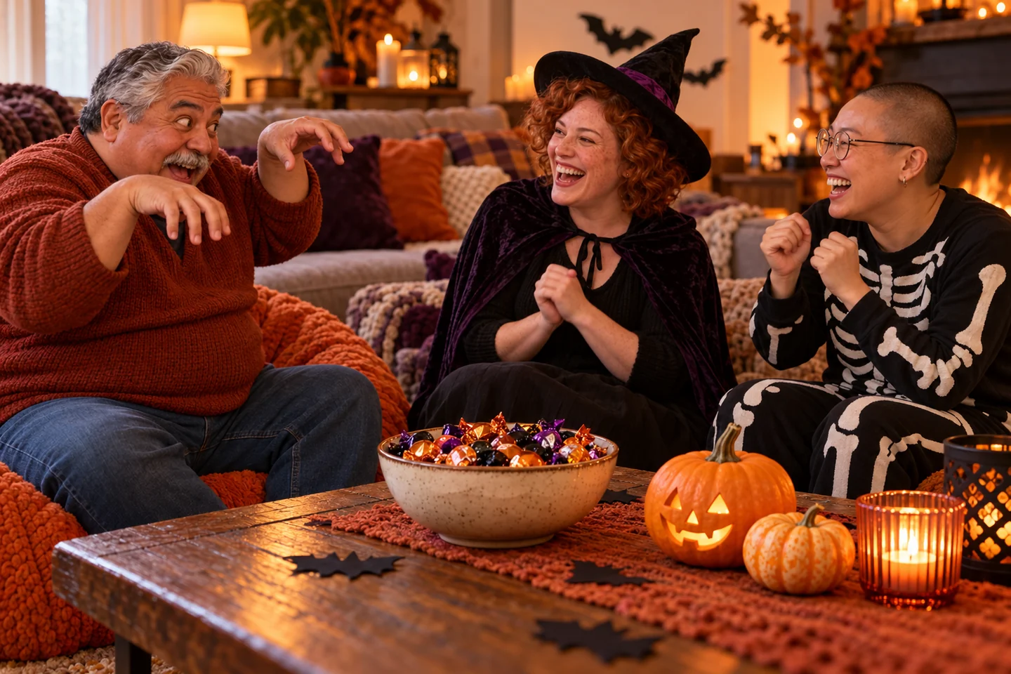 Adults laughing while playing an indoor Halloween guessing game