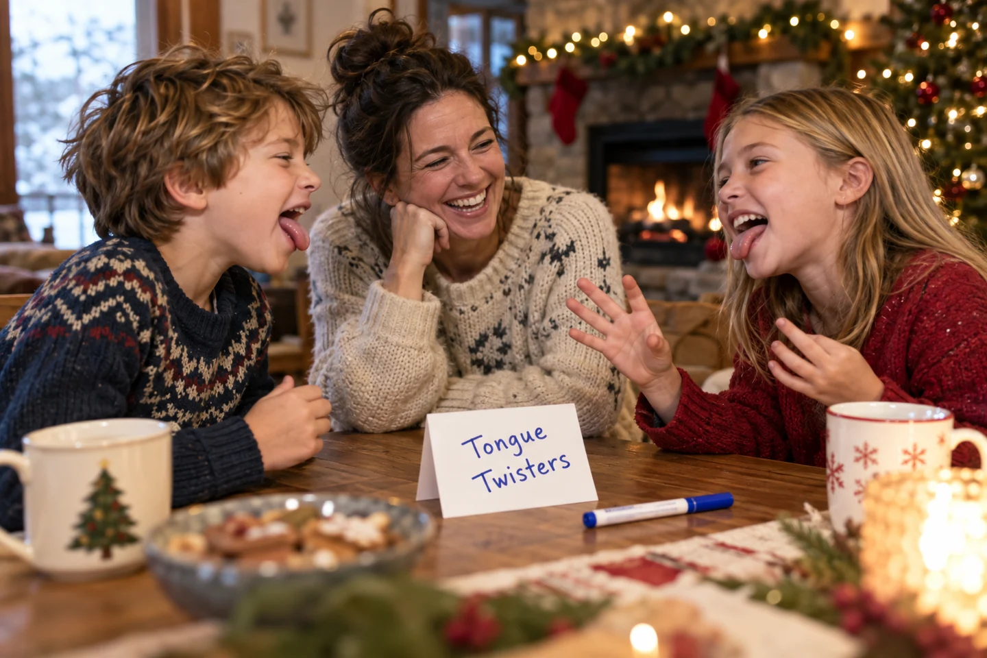 A family laughing while reading a handwritten Tongue Twisters game card