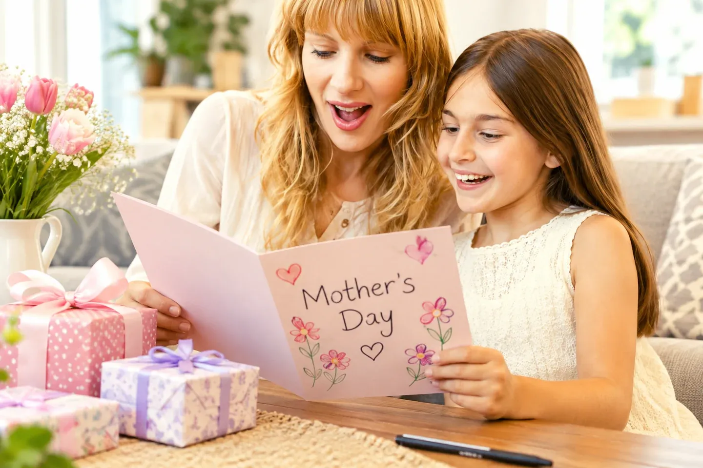 A mother and daughter reading a Mother’s Day game story together beside wrapped gifts