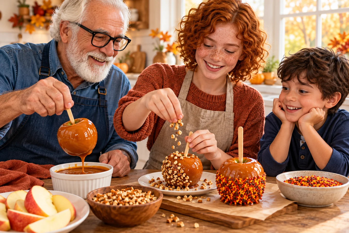 A grandfather and grandchildren decorating caramel apples with nuts and sprinkles