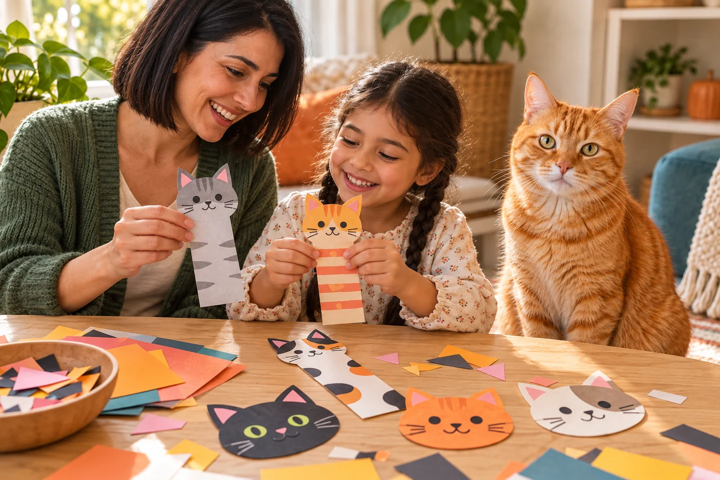 A mother and daughter making paper cat crafts beside an orange tabby