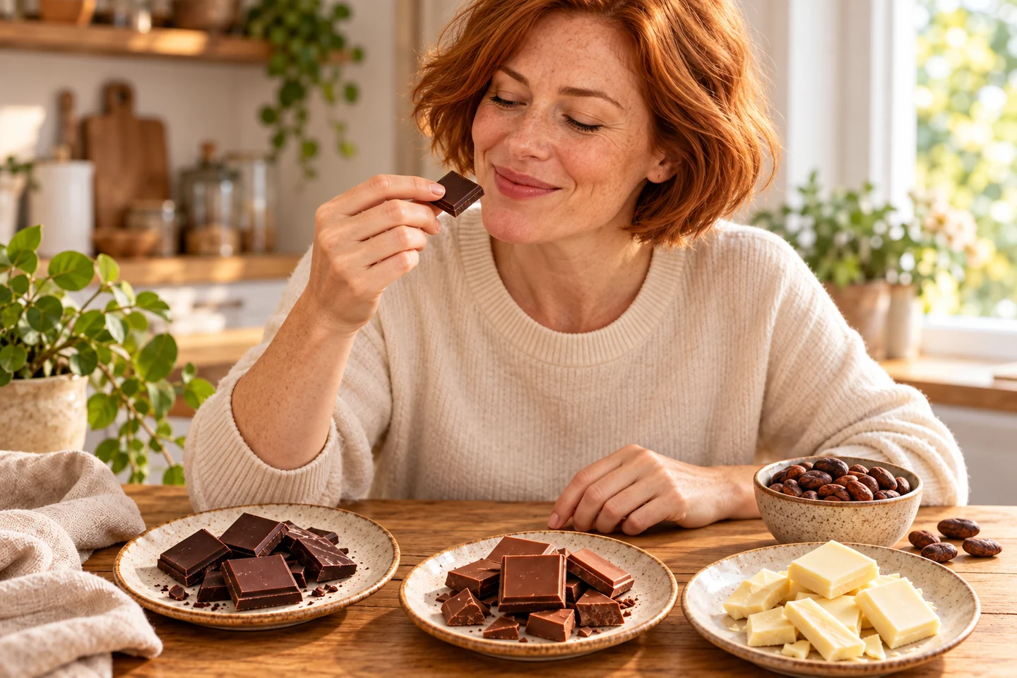 A redheaded woman enjoying a tasting of dark, milk, and white chocolate