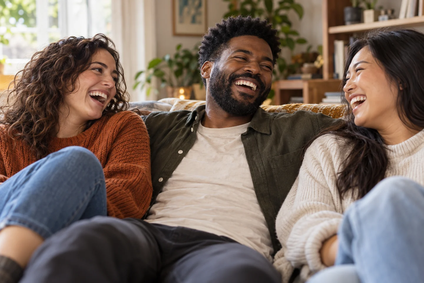Friends sharing a laugh in a sunny living room