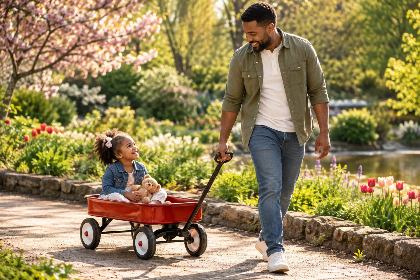 A parent and child walking with a little red wagon along a park path