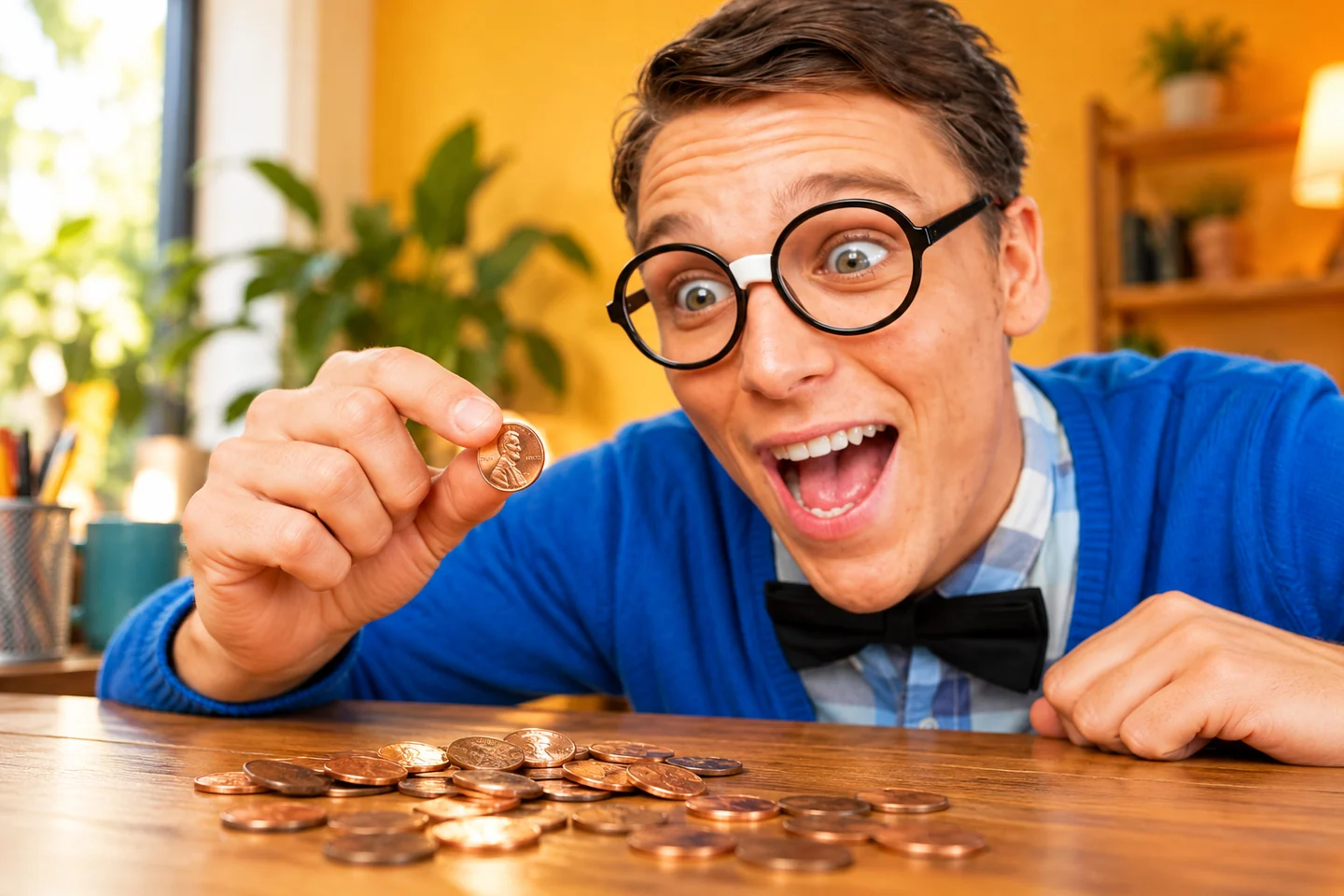 A cheerful man with round glasses examining a collection of pennies