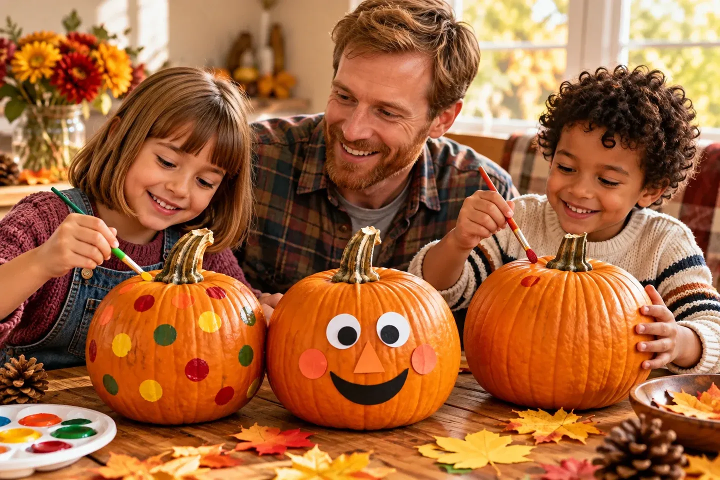 A father and children painting colorful pumpkins together