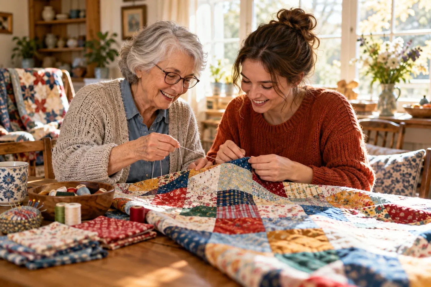 Two generations working together on a colorful patchwork quilt