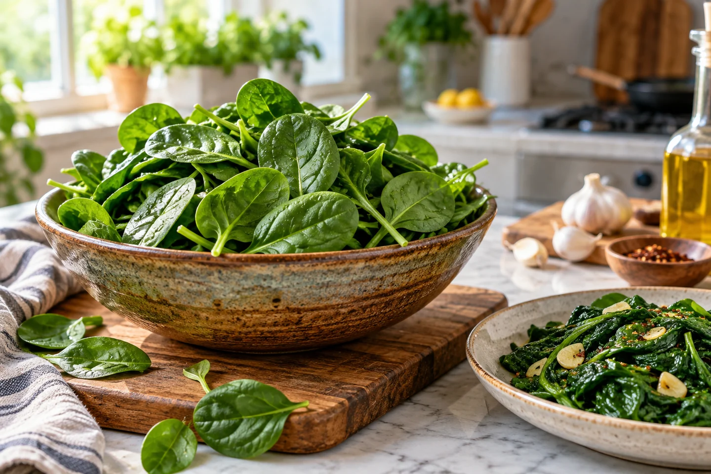 Fresh baby spinach and a small serving of cooked spinach in a bright kitchen