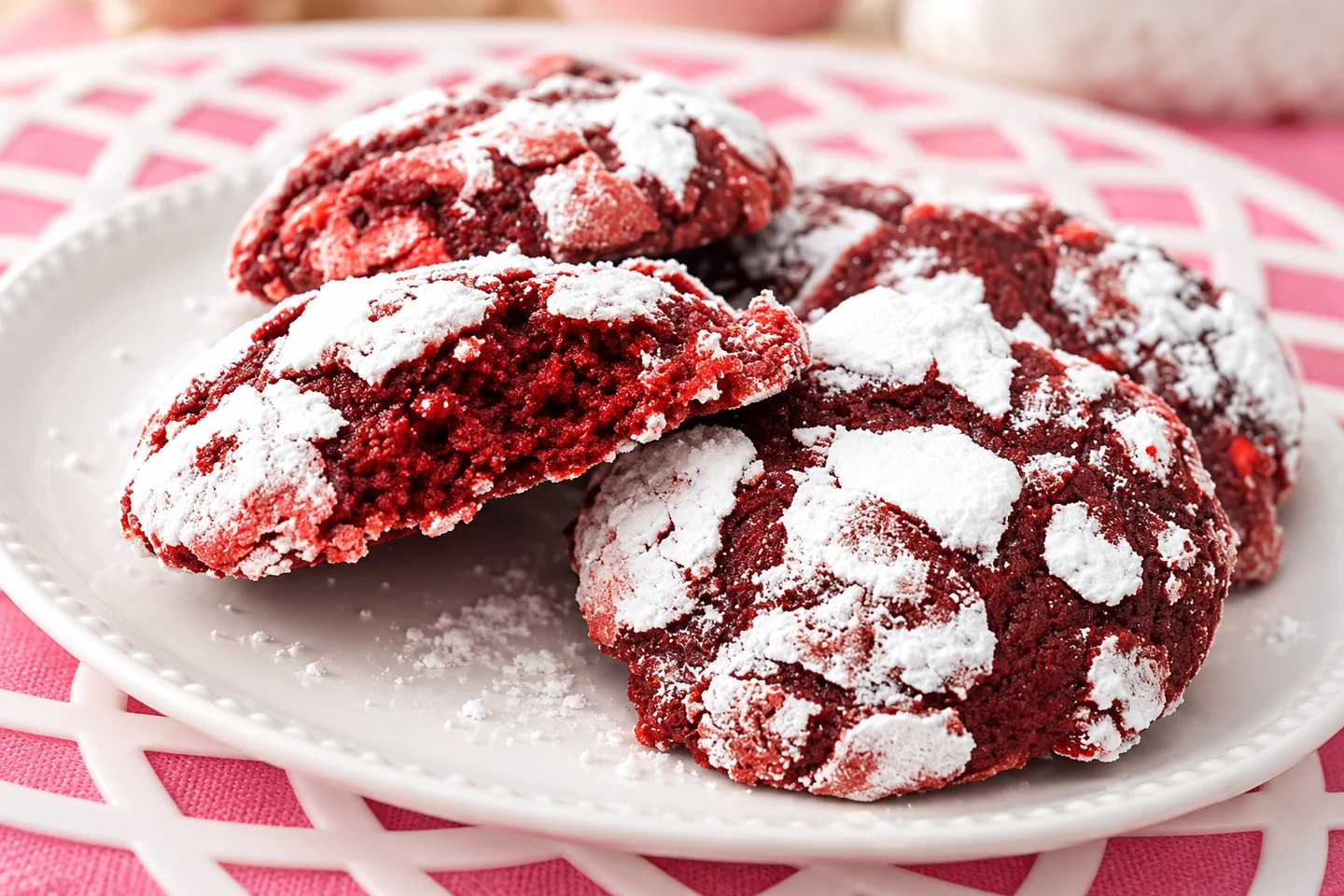 Red velvet crinkle cookies dusted with powdered sugar on a white plate