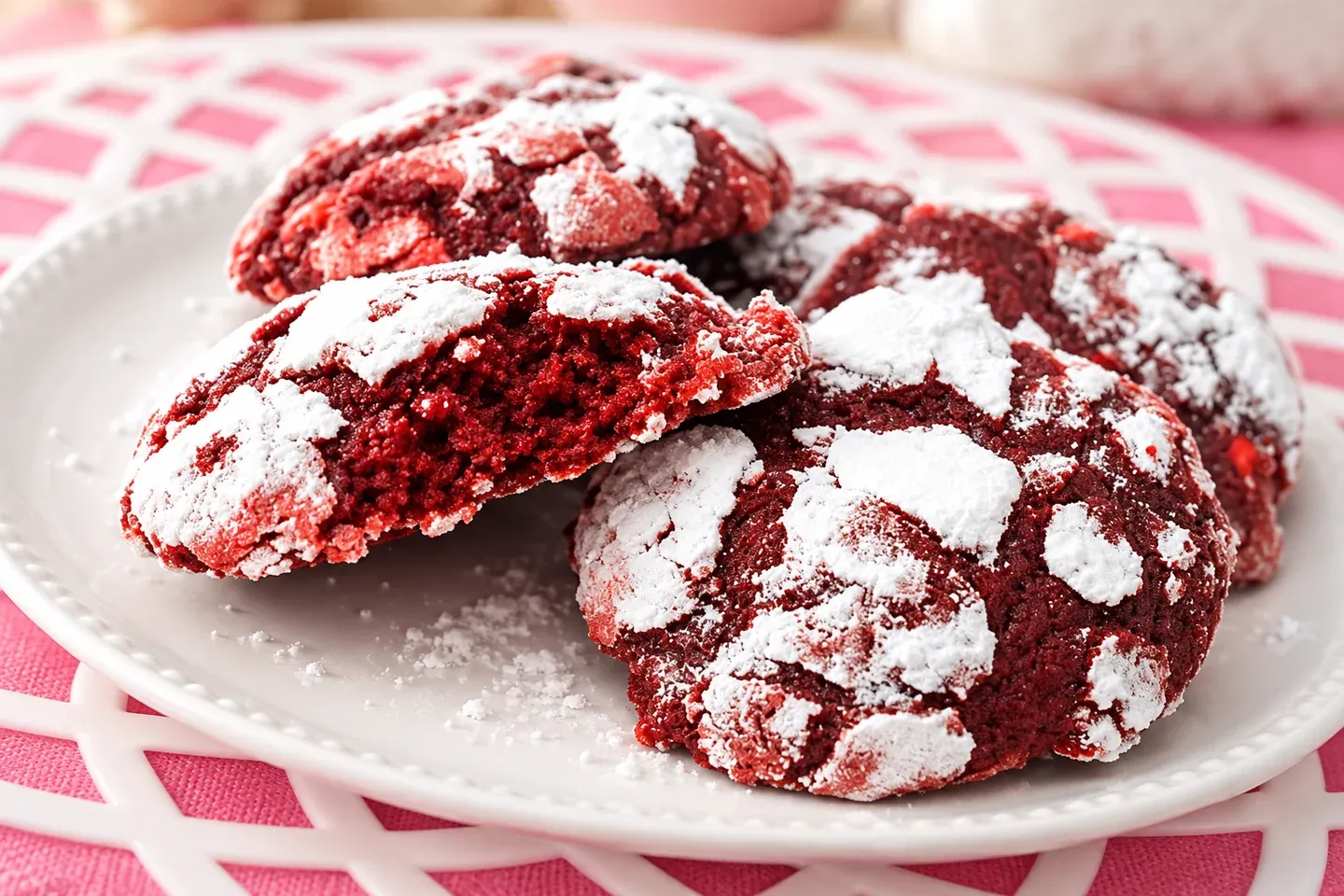 Red velvet crinkle cookies dusted with powdered sugar on a white plate