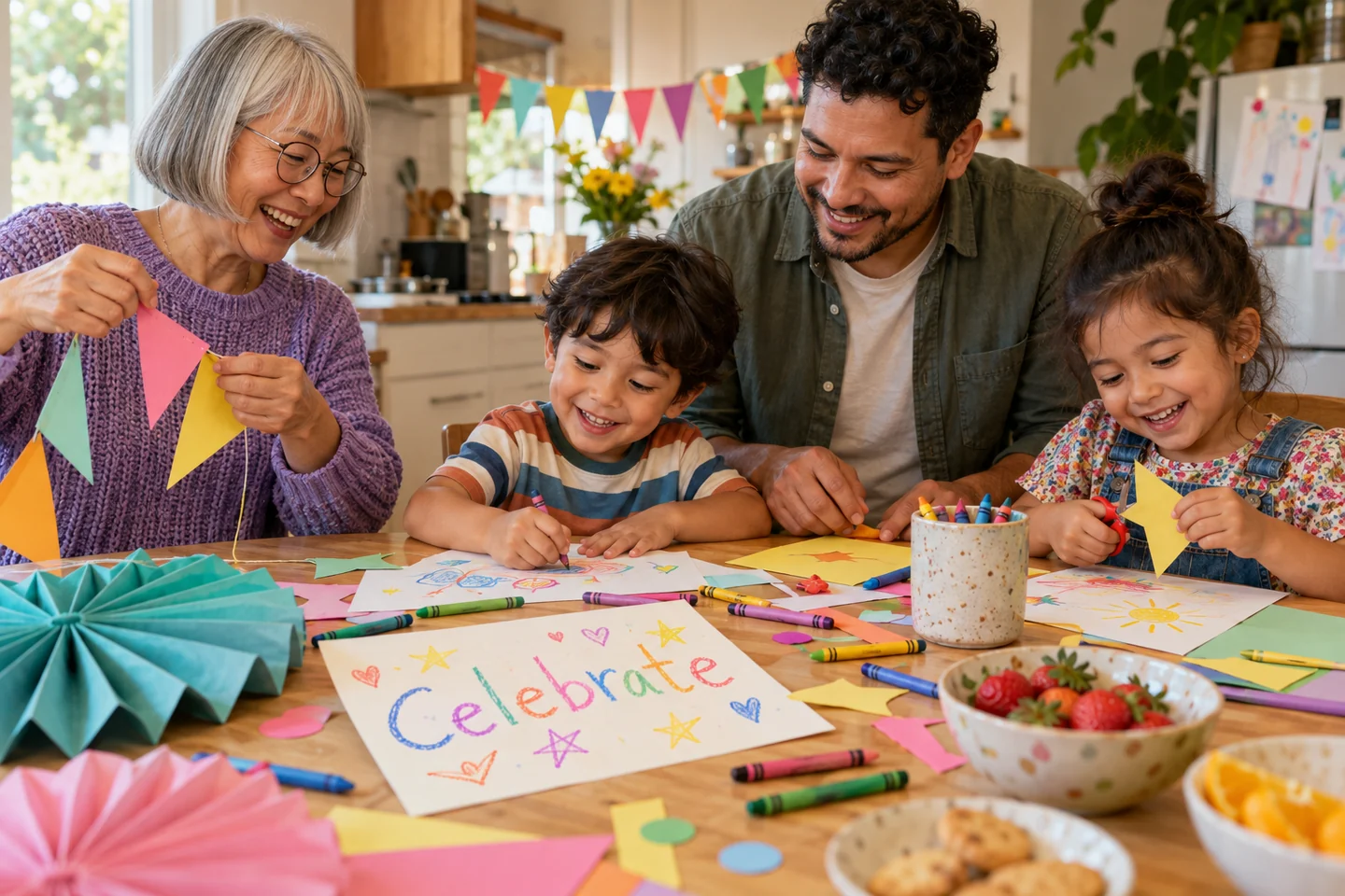 A family making colorful paper decorations together for a small celebration